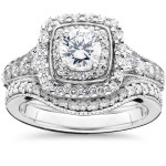 Vintage Double Halo White Gold Ring Set with 1.625 ct Total Diamond Weight, Perfect for Engagement and Wedding