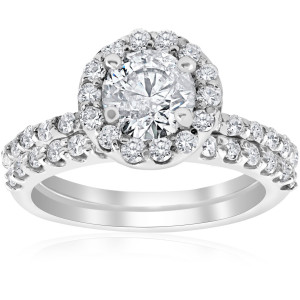 Sparkling White Gold Diamond Halo Engagement Ring with Matching Wedding Band Set - 1 7/8ct TDW