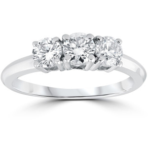 Round Cut Yaffie 3-Stone Engagement Ring with 1 Carat White Gold Solitaire Diamond