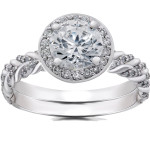 Sparkling vintage braided halo engagement set - lab grown 1 ct diamond & matching band in Yaffie White Gold