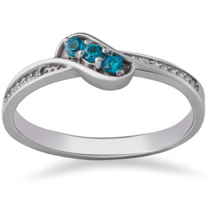 Blue and White Diamond 3-Stone Anniversary Ring by Yaffie, with 1/6 ct TDW in White Gold