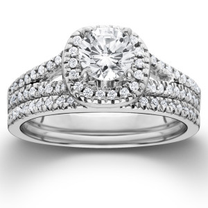 Yaffie 1ct Diamond Halo Engagement and Wedding Ring Set in White Gold