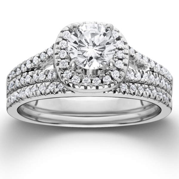 Yaffie 1ct Diamond Halo Engagement and Wedding Ring Set in White Gold