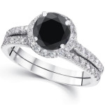 Yaffie ™ Custom-made Black Diamond Halo Wedding Ring Set with 2 1/2ct TDW in White Gold