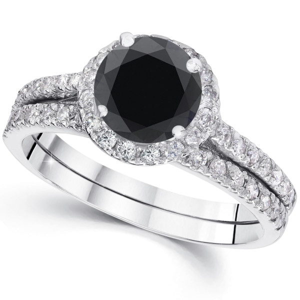 Yaffie ™ Custom Creations: Black Diamond Halo Wedding Ring Set with 2 1/2ct TDW White Gold