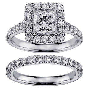 White Gold Princess-cut Diamond Square Halo Bridal Ring Set with 2 4/5ct TDW by Yaffie