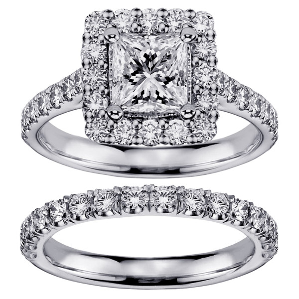 Yaffie Princess-cut Diamond Square Halo Bridal Ring Set in White Gold with 2.8ct Total Diamond Weight