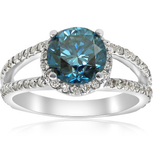 White Gold 3 1/2 ct TDW Blue & White Halo Diamond Engagement Ring - Custom Made By Yaffie™