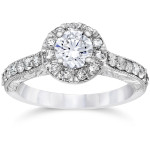 Vintage Engagement Ring with Halo Round Diamond and 3/4ct TDW in White Gold by Yaffie