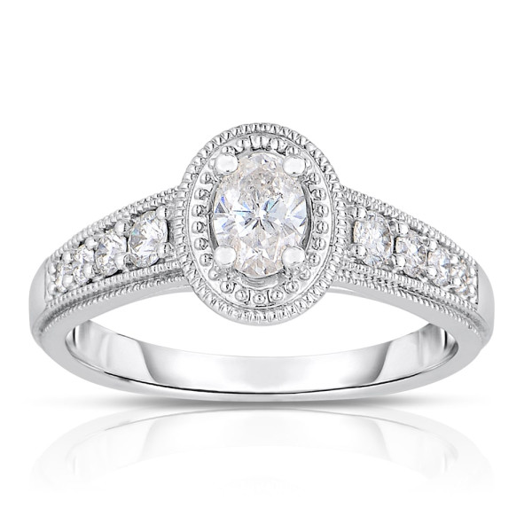 Milgrain Detailed Oval Cut Diamond Ring in White Gold, 3/4ct TDW by Yaffie