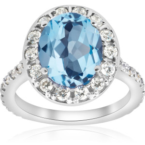Vintage Halo Ring with Blue Topaz and Diamond in White Gold - Yaffie 4 cttw