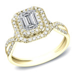 Yaffie Double Halo Engagement Ring features a stunning 4/5ct TDW Emerald-Cut Diamond set in White Gold.