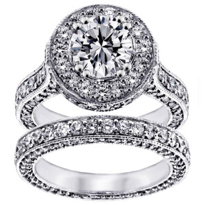 Elegant Yaffie White Gold Bridal Set with Sparkling 5 1/3ct TDW Clarity Enhanced Diamonds in a Halo Eternity Design.