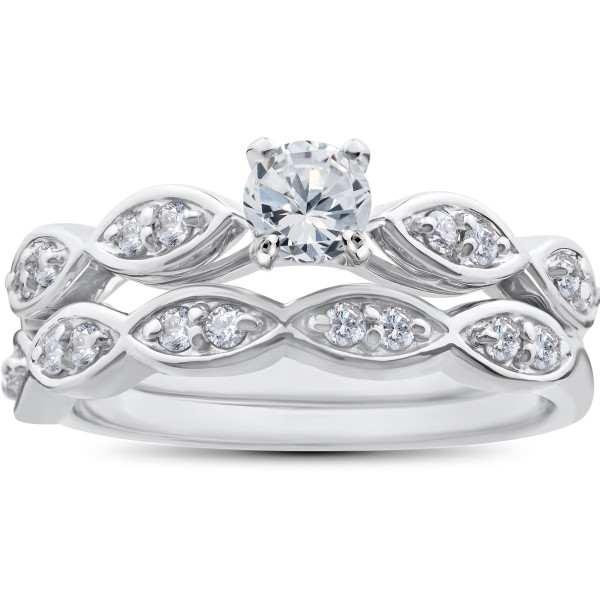 Yaffie Wedding Set: Sparkling Round Diamond Engagement Ring and Matching Band in White Gold, 7/8 ct TDW
