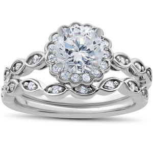 Vintage-Inspired Diamond Duo: Yaffie White Gold 7/8 ct TDW Halo Engagement Ring & Wedding Band Set