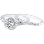 White Gold Diamond Halo Engagement and Wedding Band Set by Yaffie - 7/8ct Round Cut