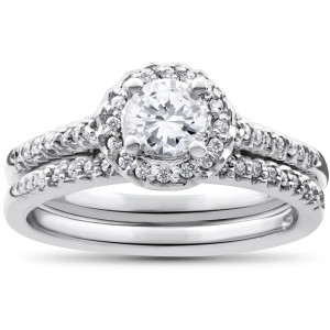 White Gold Diamond Halo Engagement and Wedding Band Set by Yaffie - 7/8ct Round Cut
