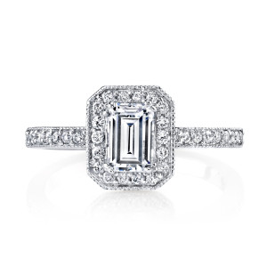 Vintage-inspired White Gold Engagement Ring with Emerald Diamond Halo, 7/8ct Total Diamond Weight.