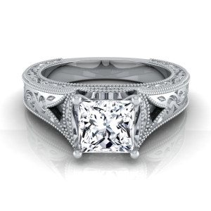 Antique-Inspired Engraved White Gold Diamond Ring: IGI-Certified 1ct TDW Princess-Cut by Yaffie