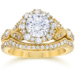 Vintage Halo Diamond Engagement and Wedding Ring Set with Yaffie Gold and 1.5ct TDW Enhanced Clarity.