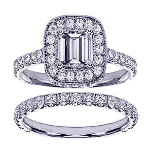 Yaffie White Gold Emerald-cut Engagement Ring Set with 2 2/5ct TDW of Pave Set Sparkling Diamonds