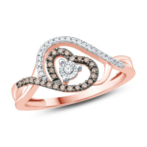 Rose Gold Heart Promise Ring with Stunning 1/5 Carat White and Champagne Round Diamonds and Miracle Plate Combining Elegance and Charm from Yaffie.