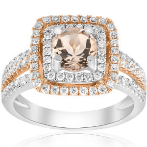 Double Cushion Halo Morganite Engagement Ring with White and Rose Gold and 1.73 ct TW Diamonds by Yaffie.