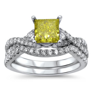 Bridal Set with 1 2/5ct TDW Yellow Diamond in Yaffie White Gold