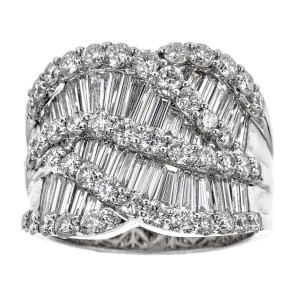 White Gold Diamond Ring with Baguette and Round Cuts - 3 7/8ct Total Weight