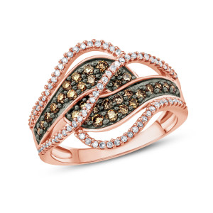 Chic Rose Gold Ring with Multi-Row Bypass Style, featuring Yaffie 3/4 Carat Diamond Mix in Champagne and White.