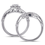 White Gold Bridal Ring Set with Blue and White Diamonds and an Endless Heart by The Signature Collection, 0.75ct Total Diamond Weight