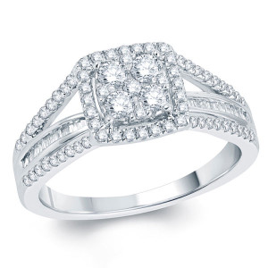 White Gold Engagement Ring with Square Shaped Channel of Baguette Diamonds and Round 3/4 Ct. Center Stone by Yaffie.