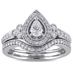 White Gold Bridal Ring Set with Pear and Round-Cut Diamond Halo - The Yaffie by Signature Collection (5/8ct TDW)