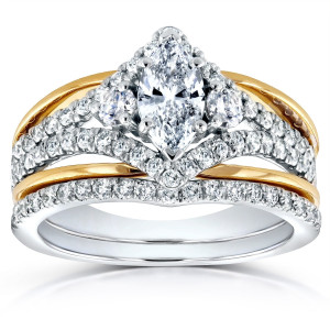 2-tone Gold 1 1/5ct TDW Marquise Diamond Art Deco Bridal Ring Set - Custom Made By Yaffie™
