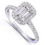 The Yaffie Diamond Halo Engagement Ring featuring an exquisite 1 1/3ct emerald-cut white gold diamond.