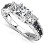 Yaffie™ Handcrafted Black and White 3-Stone Diamond Engagement Ring with 1 3/8ct TDW in White Gold