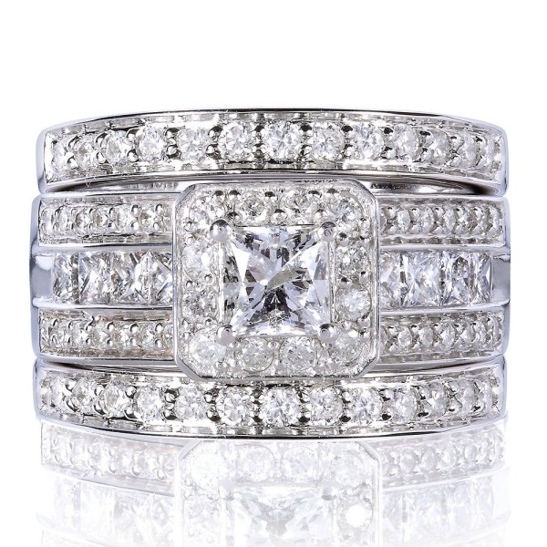 Adorn yourself with royalty - Yaffie Princess-cut Halo Diamond 3-piece Bridal Set, featuring 1 4/5ct TDW in White Gold.