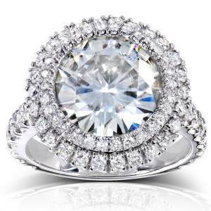 Yaffie Stunning White Gold Ring: 5 7/8ct TGW Moissanite & Diamond Double Halo.