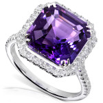 Amethyst & Diamond Halo Ring in Yaffie White Gold with 6 1/10ct Total Carat Weight