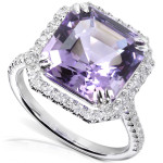 Amethyst Asscher Ring with Dazzling Diamond Halo in 18k White Gold