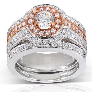 Rose Accented Halo Diamond Bridal Set with 1 1/4ct TDW from Yaffie Gold