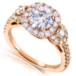 Yaffie Gold Three Stone Halo Ring with 1 3/4ct Moissanite and Diamonds