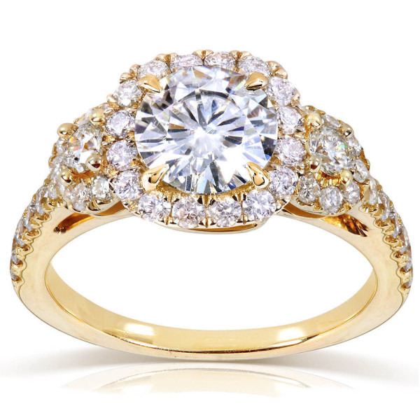Yaffie Gold Three Stone Halo Ring with 1 3/4ct Moissanite and Diamonds