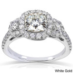 Shimmering Yaffie Gold 1.875ct Moissanite and Diamond 3-Stone Halo Engagement Ring.