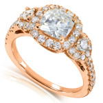 Shimmering Yaffie Gold 1.875ct Moissanite and Diamond 3-Stone Halo Engagement Ring.