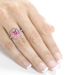 Pink Cushion-cut Moissanite and Diamond Halo Engagement Ring with a 3ct TGW by Yaffie Gold