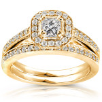 Gold Princess Diamond Bridal Ring Set with 5/8ct TDW Halo by Yaffie
