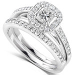 Gold Princess Diamond Bridal Ring Set with 5/8ct TDW Halo by Yaffie
