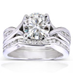The Stunning Yaffie Gold Bridal Set with Moissanite and Channel Diamonds, 1/2ct Total Weight