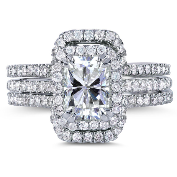 Shimmering Yaffie Gold Halo Ring with Forever Brilliant Moissanite Center and 5/8ct TDW Round Diamonds